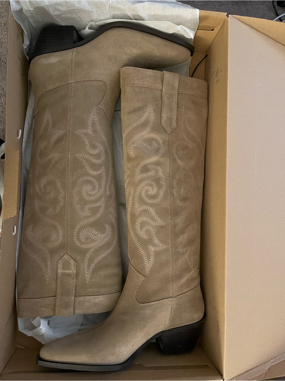 Zara Taupe Suede Knee-High Western Embroidered Boot - Picture 5 of 6